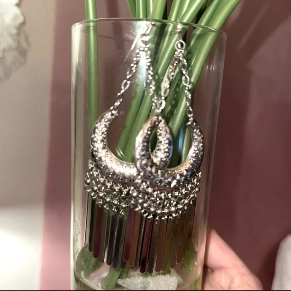 Chico's Silver Tone Crescent Dangle Earrings - Boho Chic Fringe